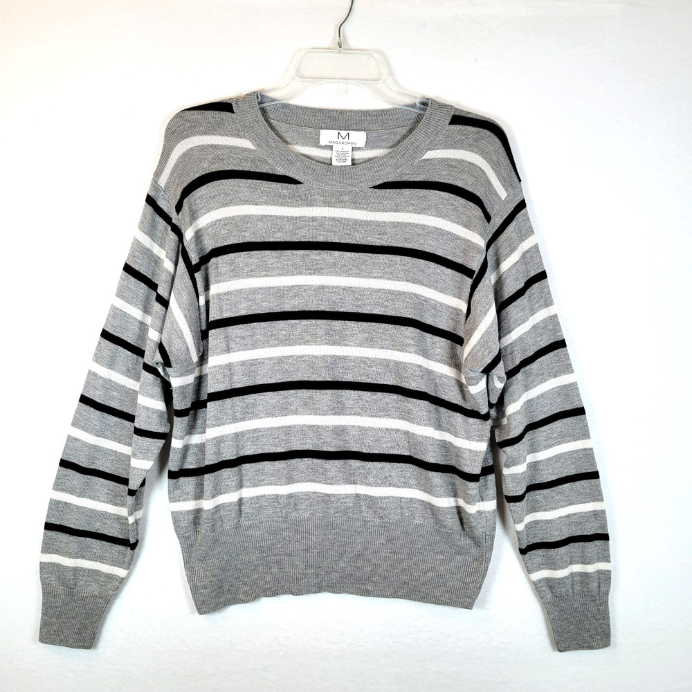 Magaschoni Womens Striped Knit Relaxed Sweater Top Size Large Gray Y2K Retro